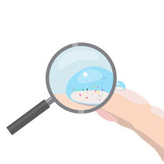 Isolated image of finger with water drop and loupe. The water is contaminated with micro plastic. Vector illustration of ecology problem, environmental pollution in flat style