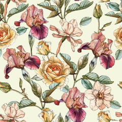 Panele Szklane  Kwiatowy wzór z akwarela irysów, róż i narcyzów. Tło z wiosennych kwiatów