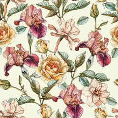 Tapeten Rosen Nahtlose Blümchenmuster mit Aquarell Iris, Rosen und Narzissen. Hintergrund mit Frühlingsblumen