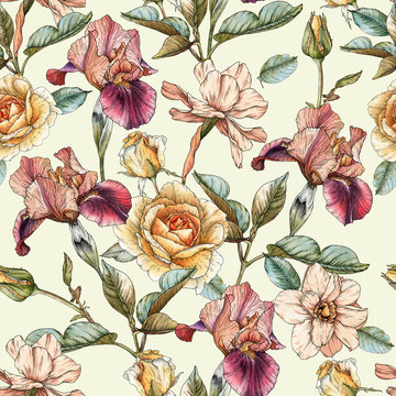 Floral seamless pattern with watercolor irises, roses and narcissus. Background with spring flowers