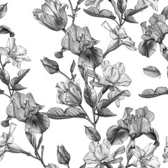 Monochrome floral seamless pattern with watercolor irises, tulips, narcissus and white flowers.