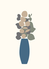 Hand drawn vector botanical illustration. Botany poster. Abstract bouquet in vase. Vintage style. Design floral elements. Vector illustration. Pastel color. Template for card, poster, home decor