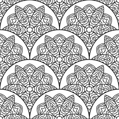 Abstract mandala fish scale seamless pattern. Ornamental tile, mosaic background. Floral patchwork infinity card. Arabic, Indian, ottoman motifs. Vector illustration.   