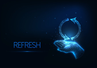 Futuristic refresh, reload, recycle concept with glow low polygonal human hand holding reload symbol