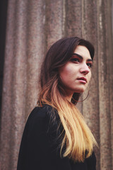 Naklejka premium Model in black dress and long jacket. Style. Fashion trends 2020. Hair with ombre. Business lady. Blogger. Work