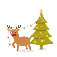Funny reindeer and christmas tree on white background