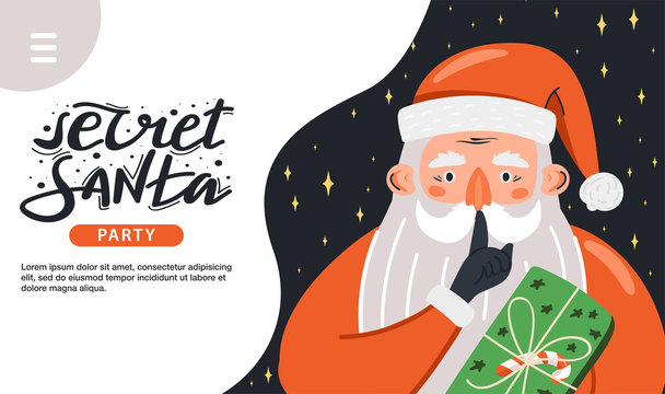 Secret Santa landing page invitation template. Santa Claus showing to be silent gesture with gift and lettering. Design concept for invitation, poster, banner etc. Vector. - Powered by Adobe