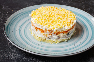 Traditional russian salad Mimosa with sardine, onion, potatoes, carrot, cheese, eggs and mayonnaise on stone table