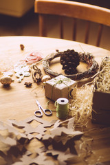 Zero waste Christmas, eco background with gifts. Craft paper and wood. Xmas and New Year composition