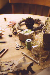 Zero waste Christmas, eco background with gifts. Craft paper and wood. Xmas and New Year composition