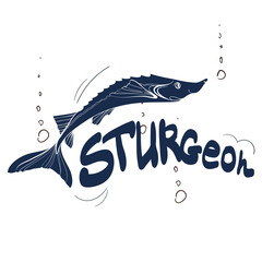 Fishing logo. Sturgeon. Fishing vector illustration. Isolated on white.