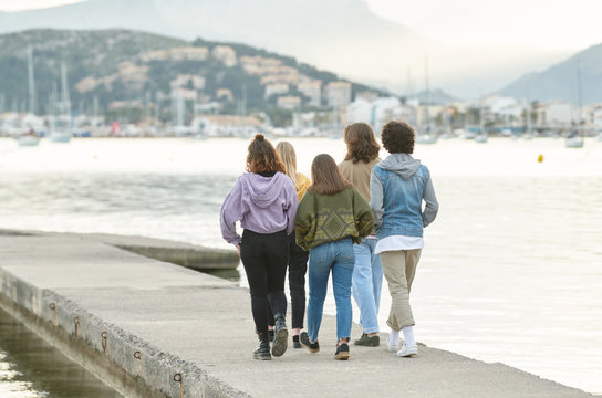 Strolling group of friends on pier