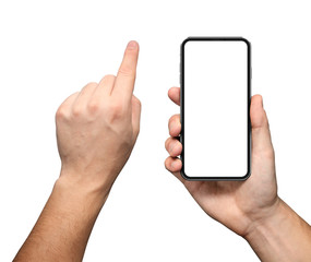 Man hand holding smartphone blank screen with finger touching the screen, modern frameless design -...