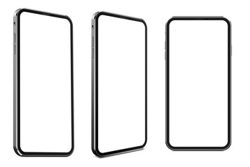 Set of smartphone in modern frameless design blank screen - three positions front and angled
