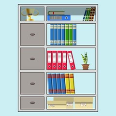 Office cupboards full of folders, books and paper boxes. Flat style illustration office interior. EPS 10 vector.