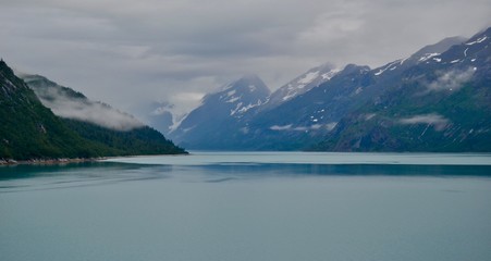 Fototapeta na wymiar Cruising the misty beautiful waters of Glacier Bay Alaska