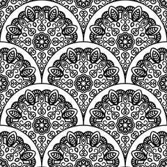 Abstract mandala fish scale seamless pattern. Ornamental tile, mosaic background. Floral patchwork infinity card. Arabic, Indian, ottoman motifs. Vector illustration.   