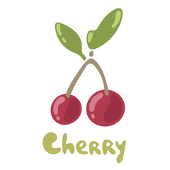 Red cherry vector icon isolated on white background. Ripe red berries with leaves. Pair of cherries in doodle style