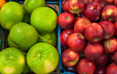 Fruit market with various colorful fresh fruits and vegetables