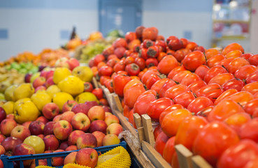 Fruit market with various colorful fresh fruits and vegetables