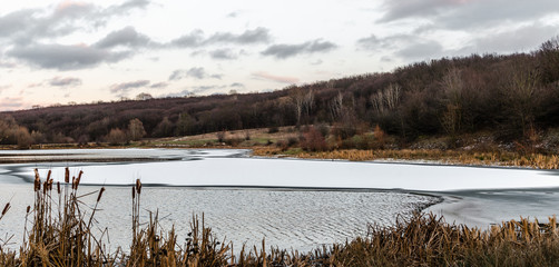 winter landscape with lake. Water and ice
