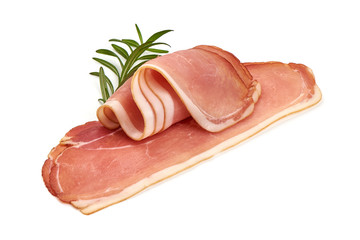Sliced Italian Prosciutto Crudo, isolated on white background