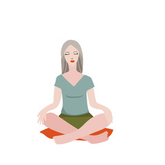 Fototapeta na wymiar Young pretty woman performing yoga exercise. Female cartoon character sitting in lotus posture and meditating vipassana