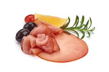 Sliced Smoked Ham sausage, isolated on white background