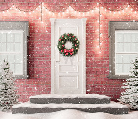 White front door with Christmas wreath and festive decorations on holidays at snowy night 3d render 3d illustration © brankospejs