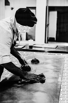 Collage of anonymous chef in professional kitchen