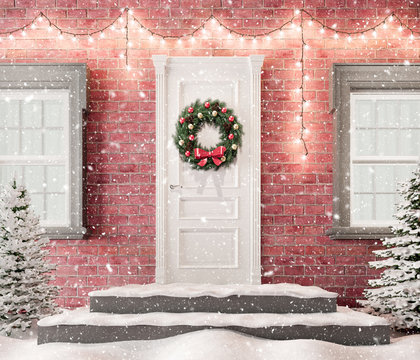 White front door with Christmas wreath and festive decorations on holidays at snowy night 3d render 3d illustration