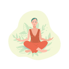 Fototapeta na wymiar Young pretty woman performing yoga exercise. Female cartoon character sitting in lotus posture and meditating vipassana