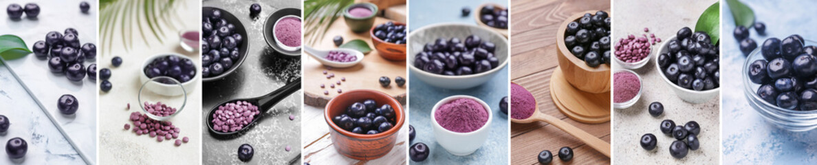Collage of photos with acai berries and powder