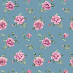 Seamless floral pattern with pink roses and green leaves. Watercolor illustration.