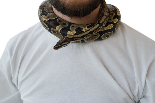 A man with a snake around his neck. White background. Snake around a man's neck.
