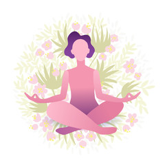 Young pretty woman performing yoga exercise. Female cartoon character sitting in lotus posture and meditating vipassana
