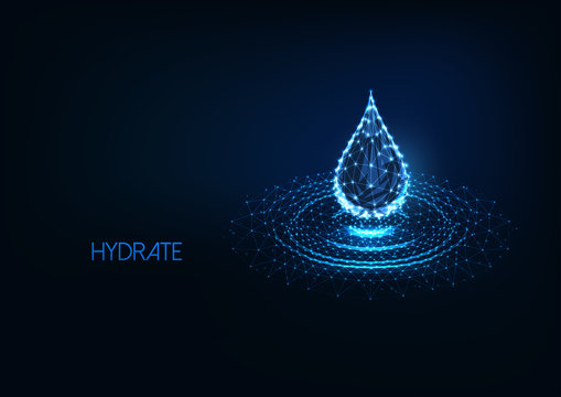 Futuristic Glowing Low Polygonal Water Drop With Splash Ripples Isolated On Dark Blue Background