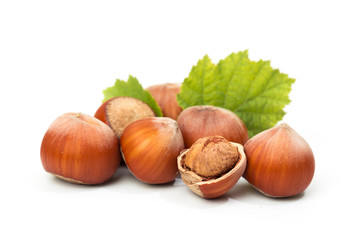 Hazelnut nut many leaves isolated on a white background as a packaging design element