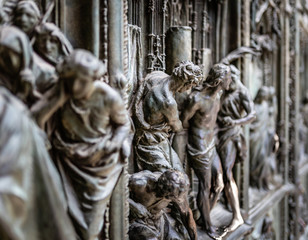 Milan Cathedral close up details in Italy, known as Duomo di Milano is the largest and most complex...