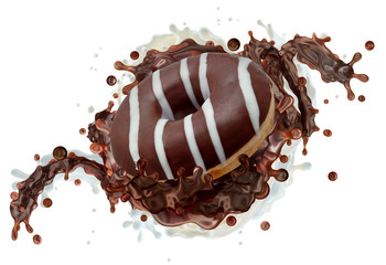 Fresh milk, chocolate sauce 3D splash in motion and sweet donut with milk chocolate glaze. Bakery ad design element with cream, milk, warm chocolate, glazed frosted donut isolated on white background