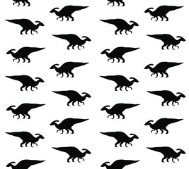 Vector seamless pattern of black parasaurolophus dinosaur silhouette isolated on white background