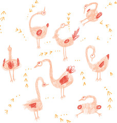 Crazy birds hand drawing set in pink and orange colour for children.
