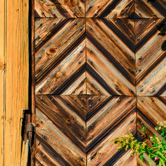 Closeup fragment of a beautiful antique door with a loop. Old textured antique doors. A carved tree. Vintage background.