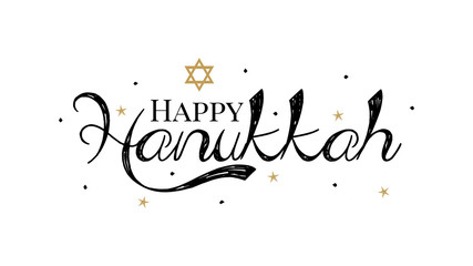 Hand drawn Happy Hanukkah lettering typography poster. Celebration text on isolated background for postcard, icon, logo or badge. Vector vintage style calligraphy EPS10