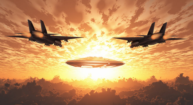 Military Jets Pursue UFO. Sunset or sunrise