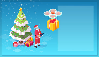 Vector of a santa claus controlling a drone with gift boxe delivering a present