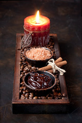 Chocolate body skin treatment on wooden background