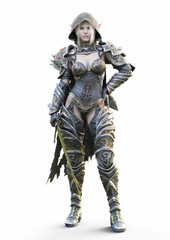 Portrait of a fantasy heavily armored hooded dark elf female warrior with white long hair and equipped with a sword . 3d rendering. Fantasy illustration on an isolated white background