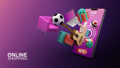 Online Shopping, Mobile Application,  3d rendering illustration