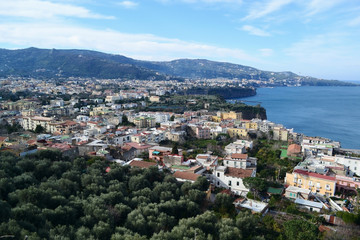 Naklejka na ściany i meble Daylight aerial view of cliff coastline Sorrento and Gulf of Naples in Southern Italy.
